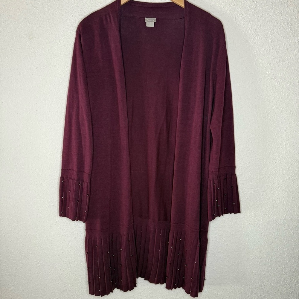 Chico's Beaded Cardigan Burgundy Longline Pleated Women’s Size 12 (L) Chico’s 2